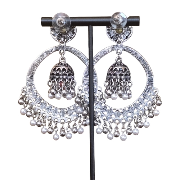 Indian Jhumka Round Crystal Oxidized Silvertone Hoop Earrings - Picture 2 of 6